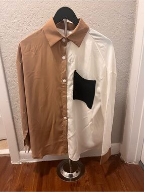 Two-Tone Brown and White Women’s Button-Up Shirt with Black Pocket